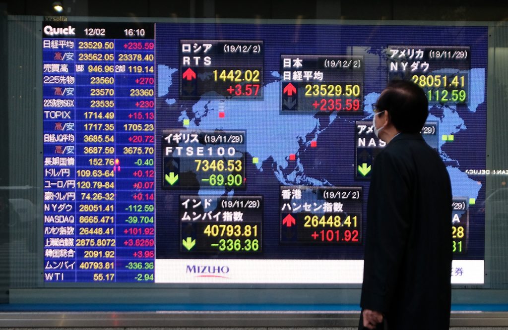 A pedestrian wearing a face mask looks at an electric quotation board displaying the numbers on the Nikkei 225 index on the Tokyo Stock Exchange, Tokyo on December 2, 2019. (Shutterstock)