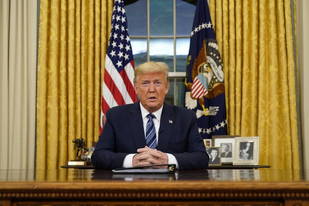Donald Trump speaks about the US response to the COVID-19 coronavirus pandemic during an address to the nation in Washington, D.C. (Getty Images)