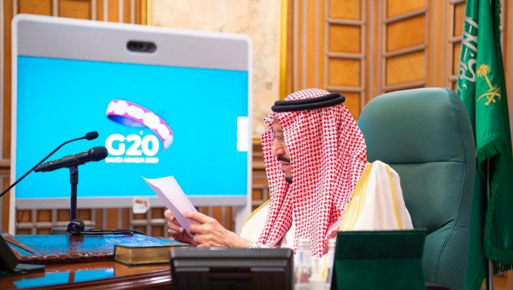 King Salman speaks via video link during a virtual G20 summit on coronavirus (COVID-19), in Riyadh, Saudi Arabia, on March 26, 2020. (SPA)