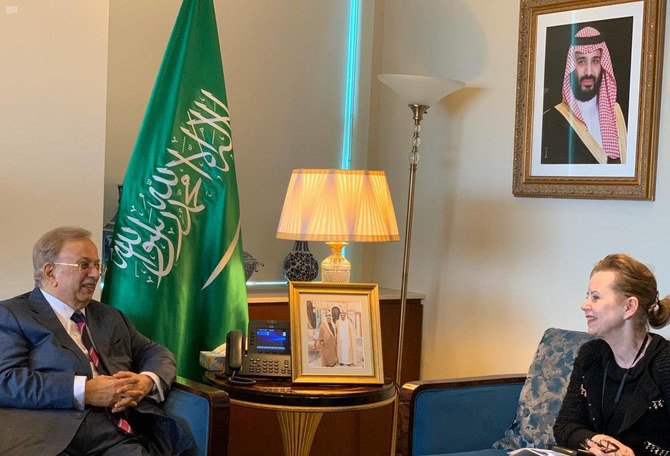 Saudi Ambassador Abdallah Al-Mouallimi meeting with Greta Gunnarsdottir, director of the UN Relief and Works Agency’s (UNRWA) representative office in New York on March 19, 2020. (SPA)