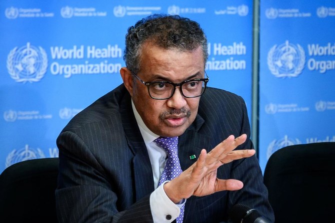 World Health Organization (WHO) Director-General Tedros Ghebreyesus gestures as he speaks during a daily press briefing on COVID-19 virus at the WHO headquarters in Geneva on Mar. 9, 2020. (AFP)