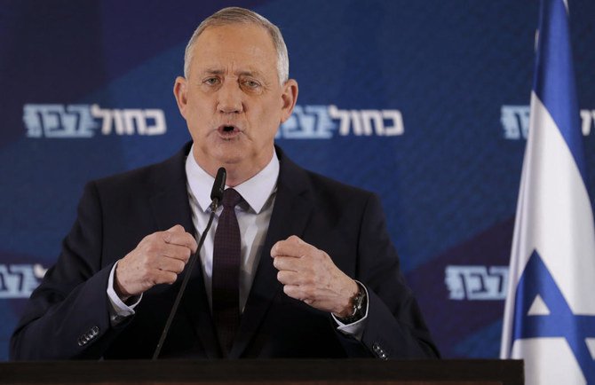 The leader of Israel’s Blue and White electoral alliance Benny Gantz speaking in the central Israeli city of Ramat Gan. (AFP)