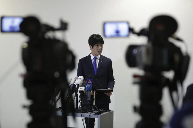 Japan's Deputy Justice Minister Hiroyuki Yoshiie gives a press conference at the Japanese Embassy, in Beirut, Lebanon, Monday, March 2, 2020. (AP)