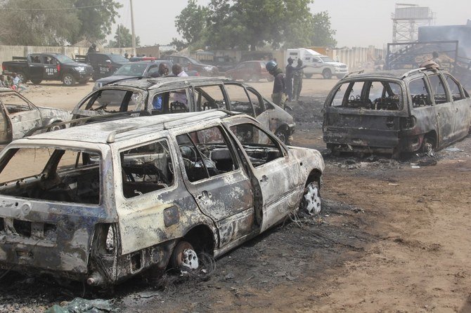 The aftermath of an attack by a Daesh-linked group on Feb. 10, in northeastern Nigeria that killed 30 people. Last week an attack in the region killed 70 soldiers. (AFP/File photo)