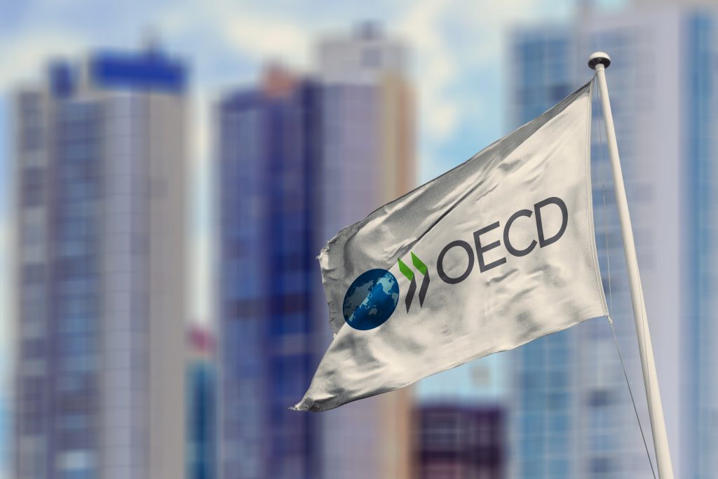 Organization for Economic Cooperation and Development logo on a flag. (Shutterstock)