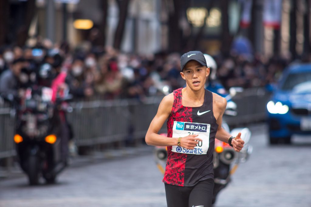 Suguru Osako of Japan in fourth place in the men's category of the Tokyo Marathon in Tokyo on March 1, 2020. (Supplied)