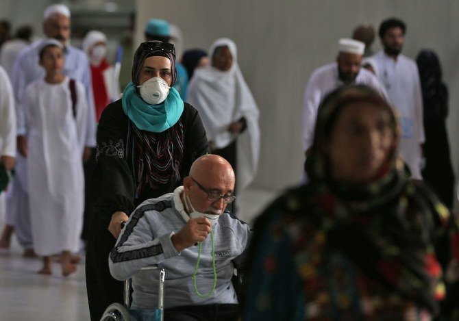 Muslim pilgrims wear masks at the Grand Mosque in Saudi Arabia’s holy city of Makkah on Feb. 28, 2020. (AFP)