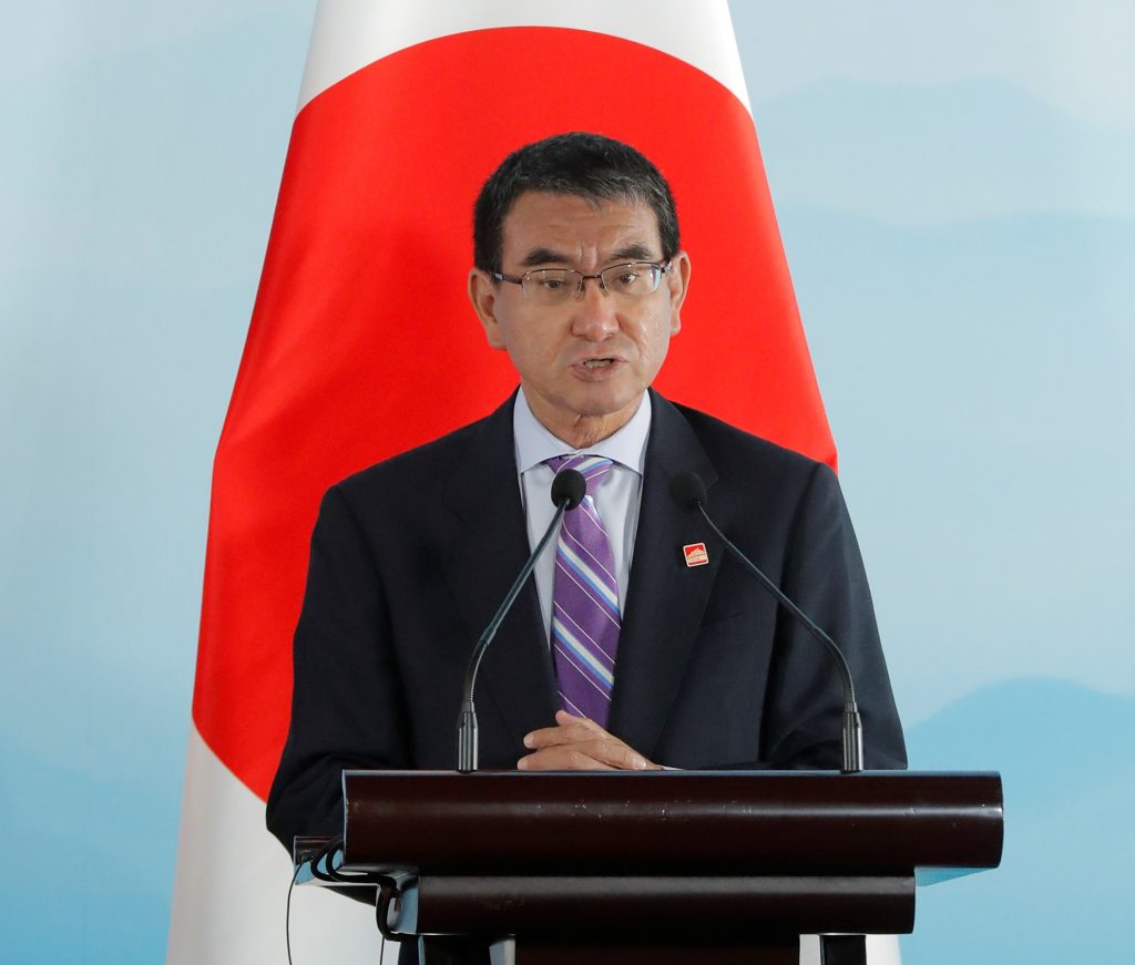 Japanese Foreign Minister Taro Kono during a press conference in Beijing, Aug. 21, 2019. (AFP)