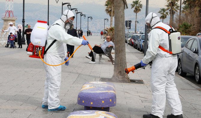 Employees from a disinfection company sanitize a bench as a precaution against the spread of the coronavirus, at Beirut's seaside Corniche, Lebanon March 5, 2020. (REUTERS)