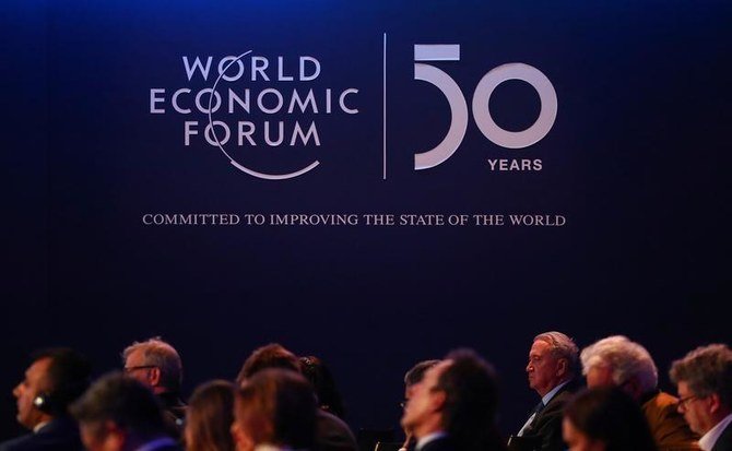 A logo of the World Economic Forum (WEF) is pictured during a session in Davos, Switzerland, January 22, 2020. (Reuters)
