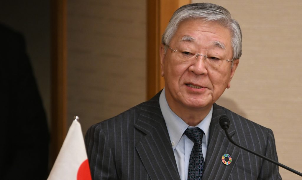 Keidanren (Japan Business Federation) chairman Hiroaki Nakanishi delivers a speech at a Tokyo hotel, Oct. 29, 2018. (AFP)