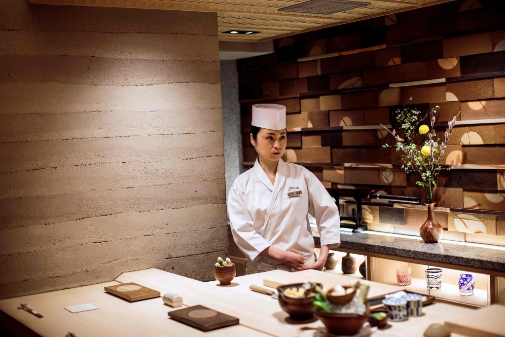 n this picture taken on January 16, 2020, Mizuho Iwai, an apprentice at Sushi Ginza Onodera restaurant, gestures at the restaurant in Tokyo. A growing number of women in Japan determined to shatter the opinions of some who believe women can't be sushi chefs are training and working as chefs in some of Japan's most revered restaurants and institutions. (AFP)