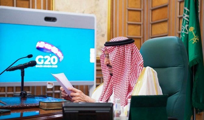 King Salman chairs an emergency G20 video conference to discuss a response to the COVID-19 crisis on March 26, 2020. (File/AFP)