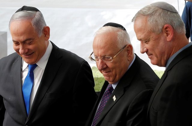 Benjamin Netanyahu, Israeli President Reuven Rivlin and Benny Gantz at a memorial ceremony for late President Shimon Peres, in Jerusalem. (Reuters)
