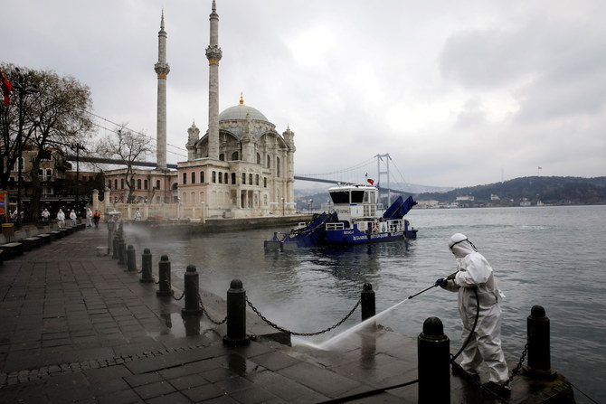 A worker sprays disinfectant outside Ortakoy Mosque, to prevent the spread of coronavirus disease (COVID-19), in Istanbul, Turkey. (File/Reuters)