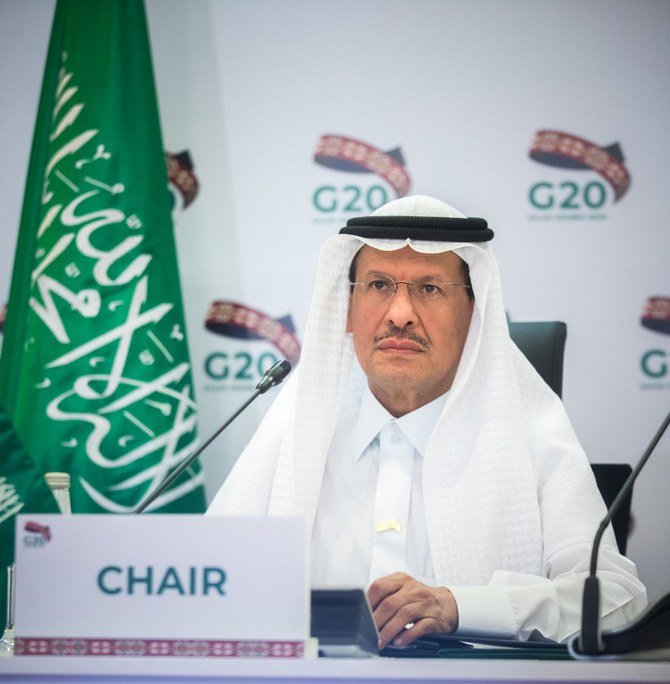 Saudi Arabia's Energy Minister Prince Abdulaziz bin Salman during his opening address at the virtual G20 energy ministers meeting. (Twitter/Saudi Arabia Energy Ministry)