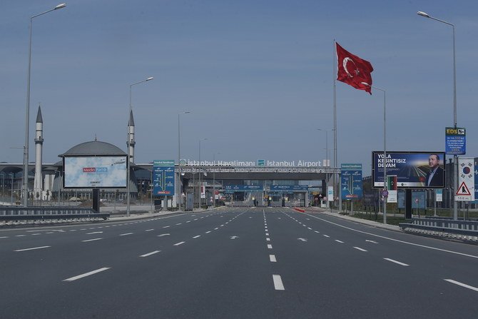 An empty road leading to Istanbul Airport, Sunday, April 19, 2020, on the second day of the two-day curfew declared by Turkey's government in an attempt to control the spread of coronavirus. (AP)