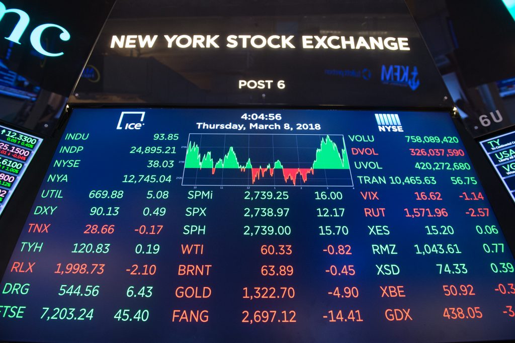 The day's closing numbers are displayed after the closing bell of the Dow Industrial Average at the New York Stock Exchange on March. 8, 2018 in New York. (AGP_
