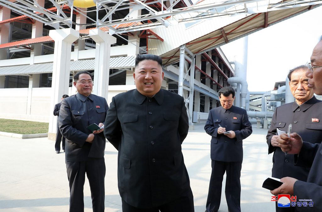 This picture taken on May 1, 2020 and released from North Korea's official Korean Central News Agency (KCNA) on May 2, 2020 shows North Korean leader Kim Jong Un (2nd L) visiting the completed Suchon phosphate fertilizer factory in South Pyongan Province, North Korea. (AFP)