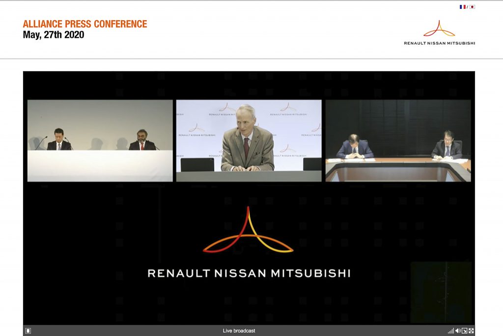 Alliance Operating Board Chairman Jean-Dominique Senard, center, Nissan Chief Executive Makoto Uchida, left, and Mitsubishi Motors Chairman, Osamu Masuko, second right, listen to a reporter's question during an online news conference Wednesday, May. 27, 2020. (File photo/Renault-Nissan-Mitsubishi via AP)