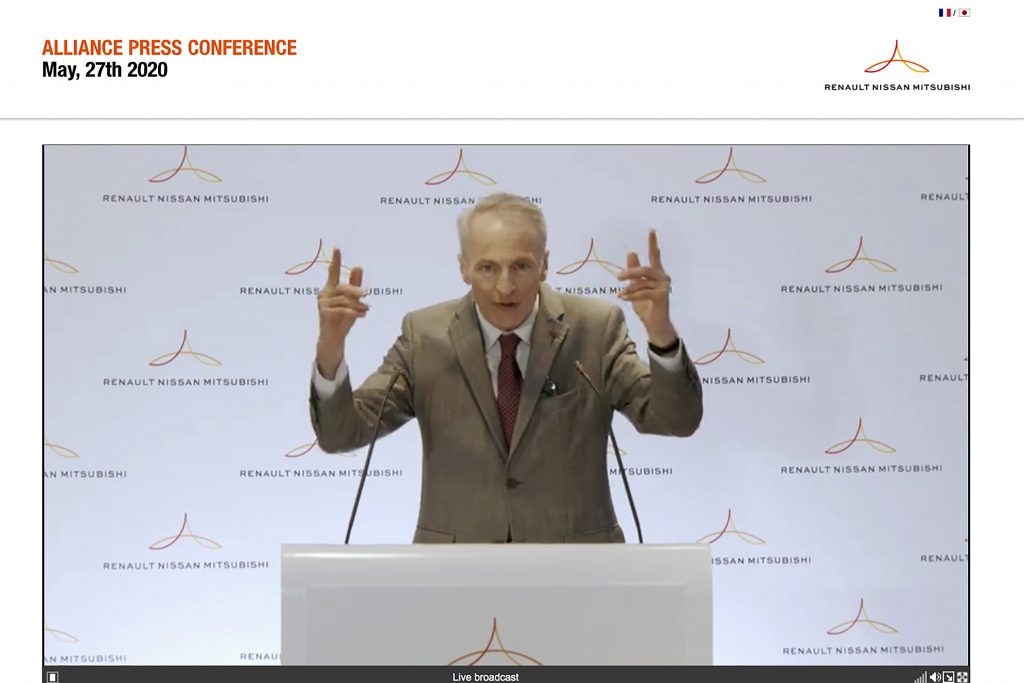 Alliance Operating Board Chairman Jean-Dominique Senard speaks during an online news conference Wednesday, May.27, 2020. (File photo/Renault-Nissan-Mitsubishi via AP)