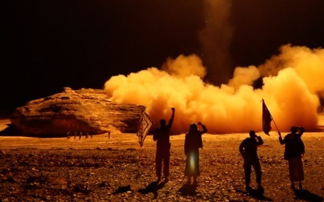 An image grab taken from a video handed out by Houthi on March 27, 2018 shows what appears to be forces launching a ballistic missile from the capital Sanaa. (File/AFP)