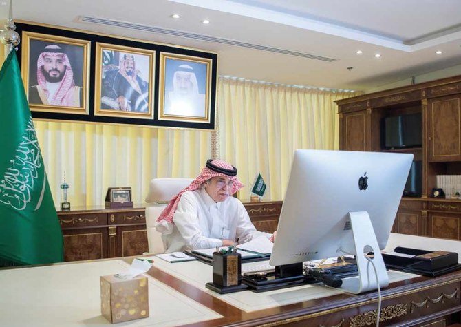 Acting Saudi media minister Majid Al-Qasabi chairing a virtual forum on Saturday on the government's campaign against COVID-19. (SPA)