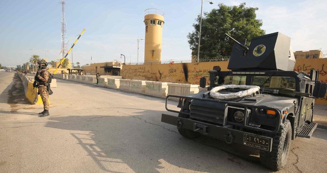 Iraqi counter-terrorism forces stand guard in front of the US embassy in the capital Baghdad. (File/AFP)