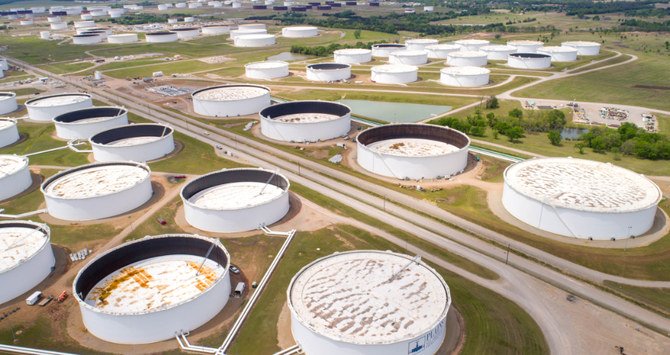 Crude oil storage tanks are seen in an aerial photograph at the Cushing oil hub in Cushing, Oklahoma. Brent was flat at $35.13 a barrel, while US oil gained 10 cents on Monday. (Reuters/File)