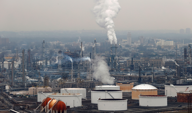General view of oil tanks and the Bayway refinery of Phillips 66 in Linden, New Jersey, US. (Reuters)