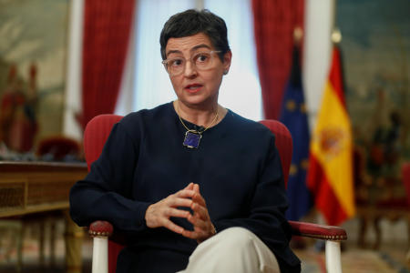 Spanish Foreign Minister Arancha Gonzalez Laya reacts during an interview with Reuters at the Ministry of Foreign Affairs, in Madrid, Spain May 28, 2020. (Reuters)