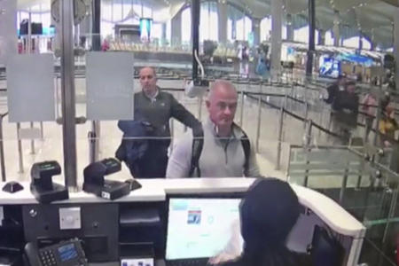 This Dec. 30, 2019 image from security camera video shows Michael L. Taylor (center) and George-Antoine Zayek at passport control at Istanbul Airport in Turkey. Taylor, a former Green Beret and his son, Peter Taylor, 27, were arrested Wednesday, May 20, 2020 in Massachusetts on charges they smuggled Nissan Motor Co. Chairman Carlos Ghosn out of Japan in a box in December 2019, while he awaited trial there on financial misconduct charges. (AP)