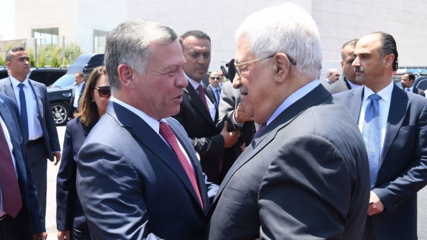 King Abdullah II of Jordan, left, is greeted by Palestinian Authority President Mahmoud Abbas on Aug. 7, 2017, in Ramallah, West Bank. (Getty Images)
