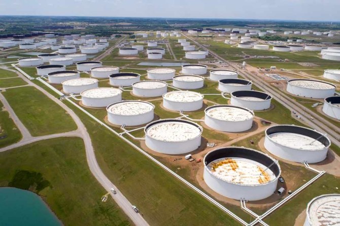 Crude oil storage tanks are seen in an aerial photograph at the Cushing oil hub in Cushing, Oklahoma, US, on April 21, 2020. (REUTERS/Drone Base/File Photo)