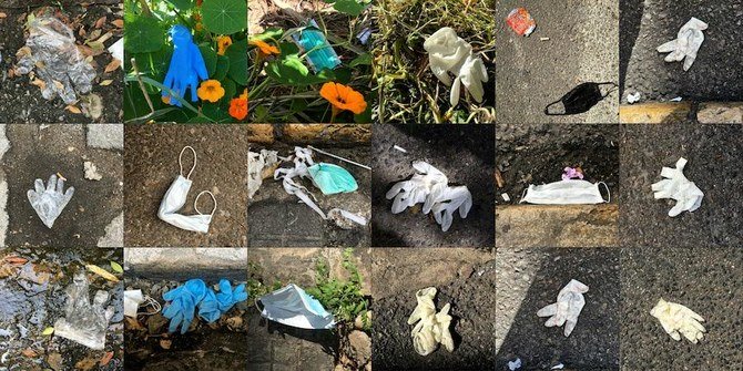 This combination of pictures created on April 8, 2020 shows personal protective equipment, gloves and masks, used to limit the spread of the coronavirus (COVID-19), discarded in the streets of the Lebanese capital Beirut. (AFP)