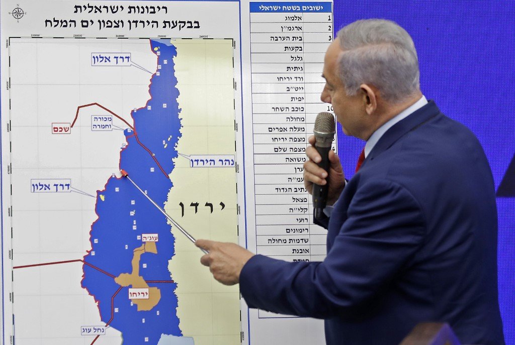Benjamin Netanyahu proposes to extend Israeli sovereignty to the Jordan Valley and northern Dead Sea area, in Ramat Gan, September 10, 2019. (AFP)