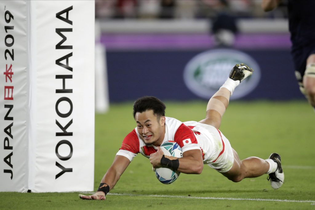 Japan's Kenki Fukuoka scores a try during the Rugby World Cup Pool A game at International Stadium against Scotland in Yokohama, Japan. (File photo/AP)