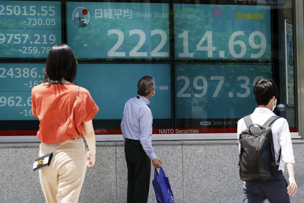 A man looks at an electronic stock board showing Japan's Nikkei 225 index at a securities firm in Tokyo Monday, June 29, 2020. (File photo/AP)