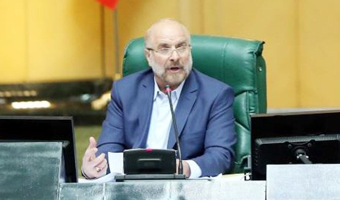 Iranian parliament Speaker Mohammad Bagher Ghalibaf chairing a parliament session in the capital Tehran on Sunday. (AFP)