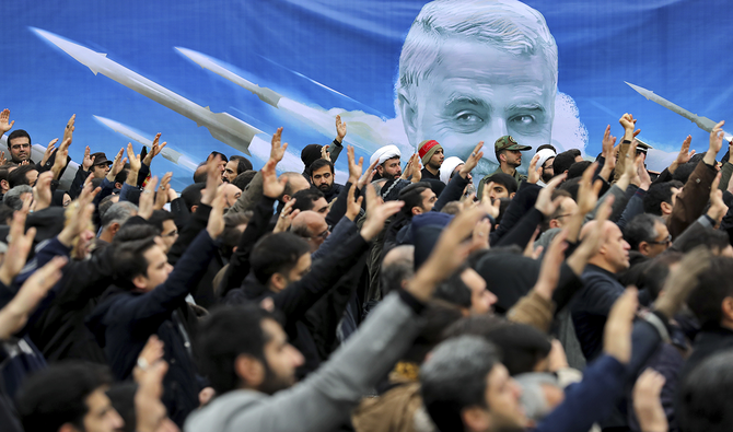 In this Jan. 4, 2020 file photo, protesters demonstrate over the US airstrike in Iraq that killed Iranian Revolutionary Guard Gen. Qassem Soleimani in Tehran, Iran. Iran announced on Tuesday, June 9, 2020, that it will execute a man convicted of allegedly providing information to the US and Israel about Soleimani, who was killed in an American drone strike in Baghdad in January 2020. (AP)