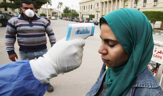 A master's degree student reacts as medical staff member checks her temperature amid concerns over the coronavirus (COVID-19), following the suspension of study for only undergraduate students at Cairo University to prevent it spreading, in Cairo, Egypt March 15, 2020. (Reuters)