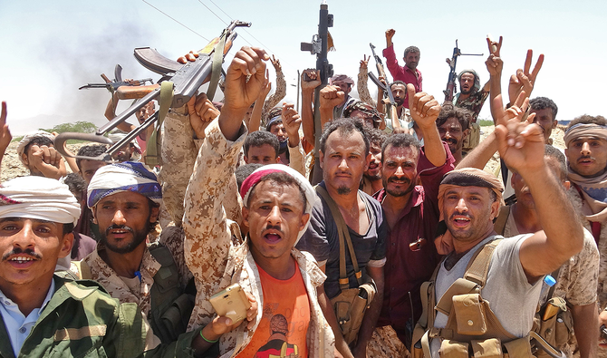 In this file photo taken on May 11, 2020, fighters from of the Southern Transitional Council (STC) gesture following clashes with Saudi-backed government forces in the Sheikh Salim area in the southern Abyan province. (AFP)