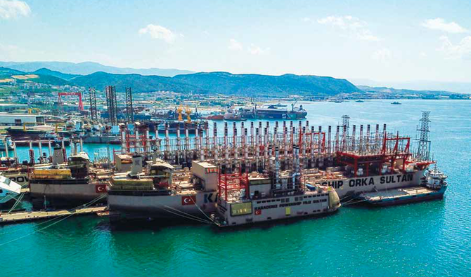 The Orca Sultan and Raif Bey powerships docked in a shipyard in Yalova. The COVID-19 crisis has birthed new opportunities for Turkish powerships. (AFP)