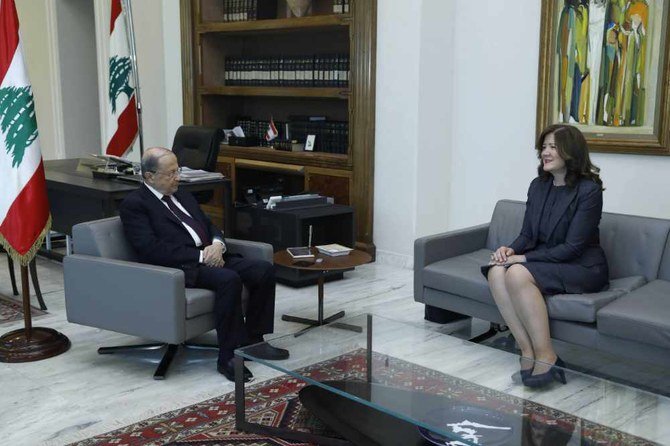 Lebanese President Michel Aoun, left, meeting with US Ambassador Dorothy Shea in Beirut on June 11, 2020. (Dalati Nohra/Lebanese government via AP/File photo)