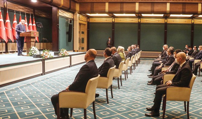 Turkish President Recep Tayyip Erdogan addresses a press conference after the Cabinet meeting at the Presidential Complex in Ankara on Monday. (AFP)