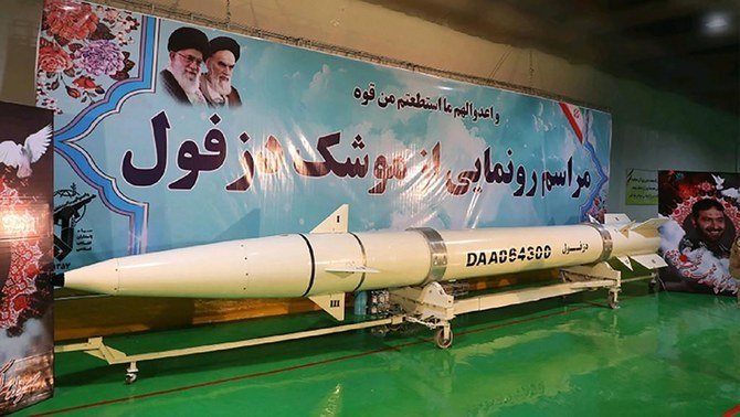 Iran’s new ballistic missile Dezful, which has with a range of 1,000 kilometers, during its inauguration on February 7, 2019. (Revolutionary Guard Corps/AFP)