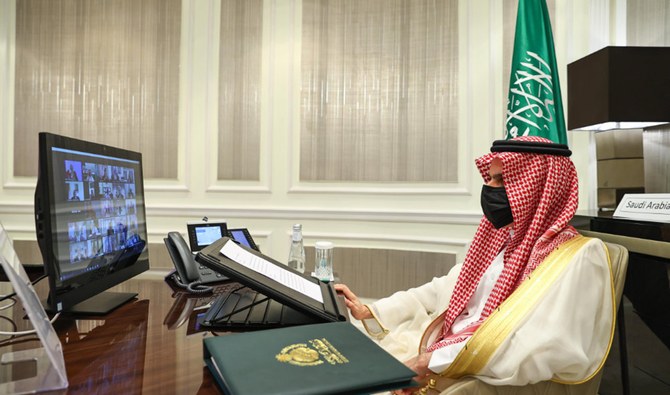 Saudi Minister of Foreign Affairs Prince Faisal bin Farhan attends a virtual meeting of the Sahel Alliance of the G5 Sahel countries. (SPA)