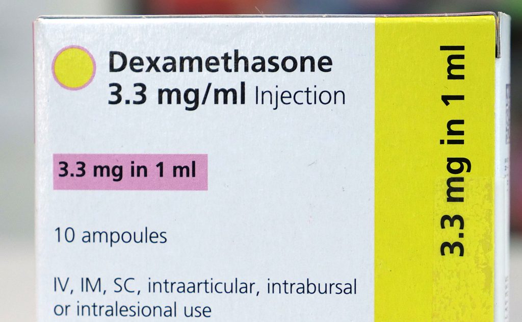 A box of dexamethasone injection ampoules, the  steroid which was shown to be the first drug to significantly reduce the risk of death among severe COVID-19 cases in trial results. (AFP)