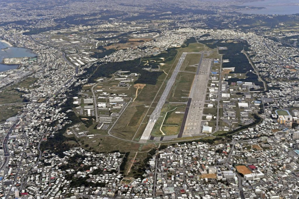 US Marine Air Station Futenma in Ginowan, Okinawa, southern Japan, one of the bases where a massive outbreak of coronavirus infections has occurred. (File phoyo/Kyodo News via AP)