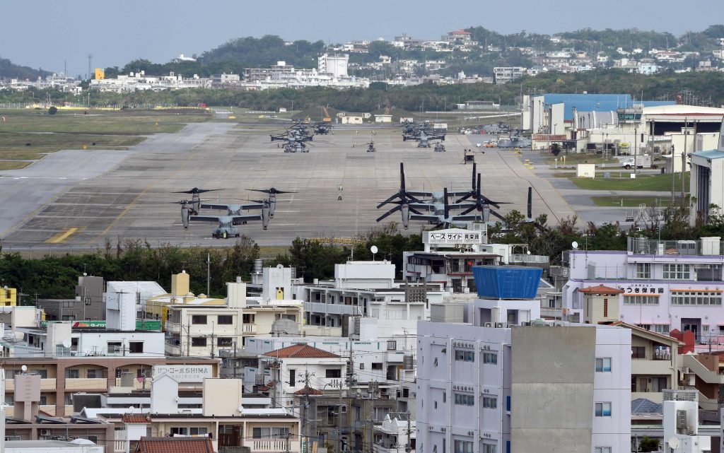 The US Marine's Camp Futenma in a crowded urban area of Ginowan, Okinawa prefecture, where the two US Marine bases have been put into lockdown after dozens of coronavirus infections. (File photo/AFP)